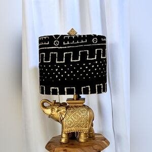 Gold Elephant Table Lamp with Black Patterned Shade
